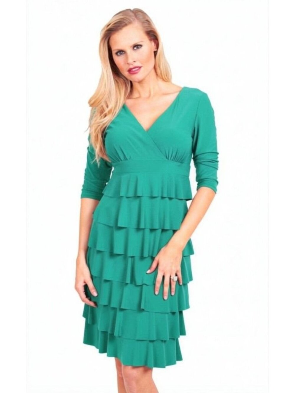 Frank Lyman Aquamarine Tiered Dress Size 6 Stretch 3/4 Sleeves *One Snag* Spring